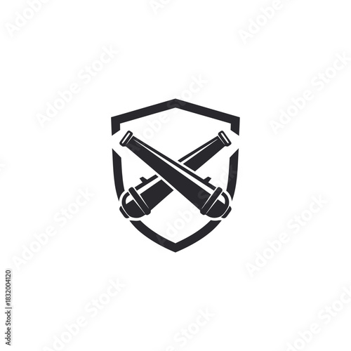 Emblematic design featuring crossed cannons on a shield evoking historical strength