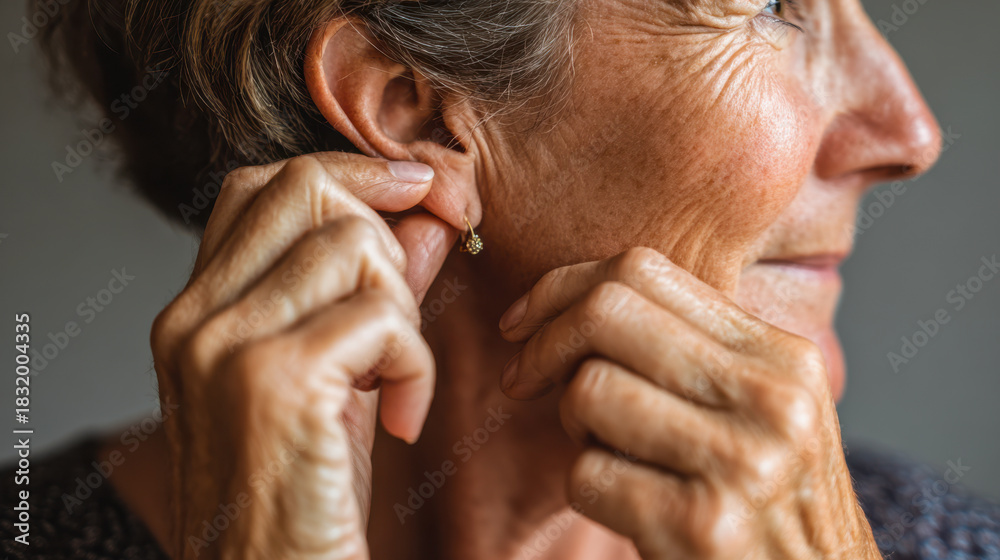 Fototapeta premium Senior woman putting on an earring getting ready