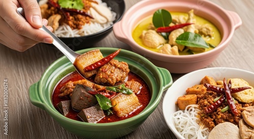 A culinary journey High-angle, close-up of diverse, authentic Thai dishes on wood