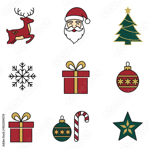 Festive Christmas Icons Deer, Santa, Tree, Gifts, Ornaments and Holiday Symbols