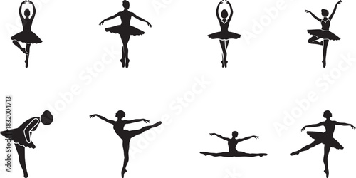 A collection of minimalist black silhouettes depicting various ballet poses and dancer figures showcasing high-quality grace and artistic movement