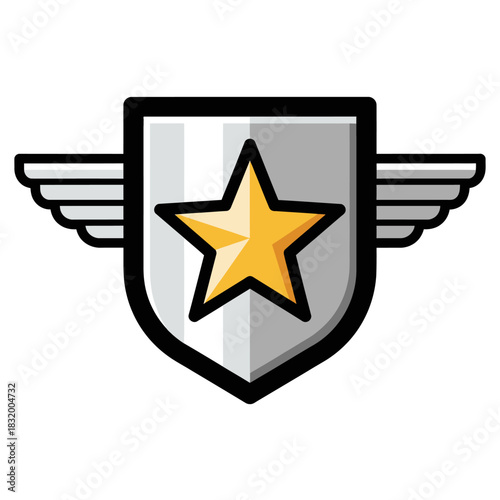 Abstract shield symbol with wings and star element for military achievement insignia
