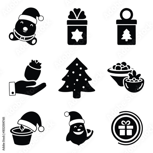 A collection of festive Christmas holiday glyph icons and symbols