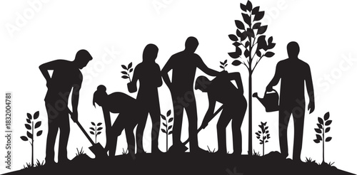 International volunteer day diverse group planting trees and gardening outdoors for environment