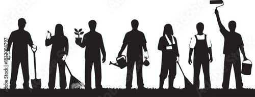 Diverse silhouettes of people holding tools for community service and volunteering