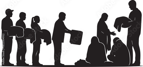 International volunteer day silhouettes helping others with clothes and supplies symbolizing aid