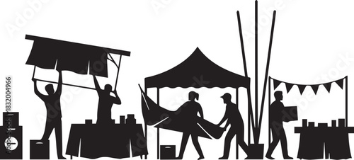 Silhouettes of people at an outdoor market event promoting community engagement and volunteerism on international volunteer day