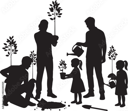 Family planting trees together celebrating international volunteer day community gardening concept