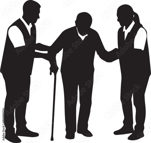 Volunteers assisting an elderly person with a cane symbolizing community support and care