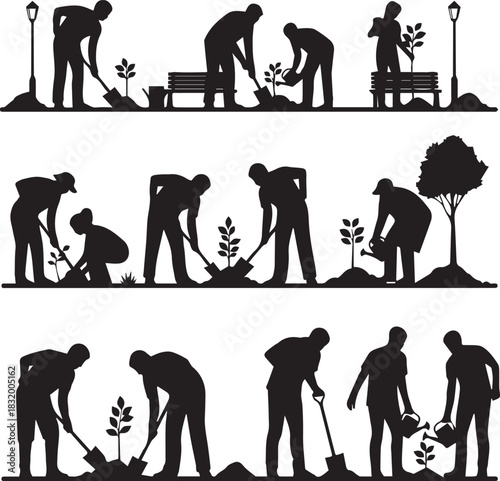 International volunteer day silhouette scenes of people planting trees and gardening together