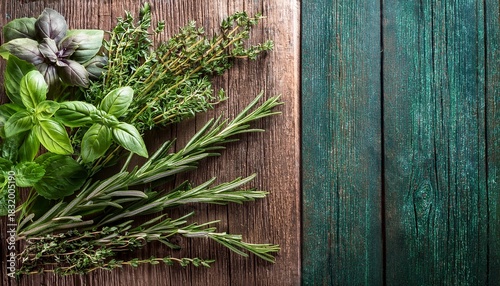 aromatic fresh herbs and greens arranged on rustic wooden surface
