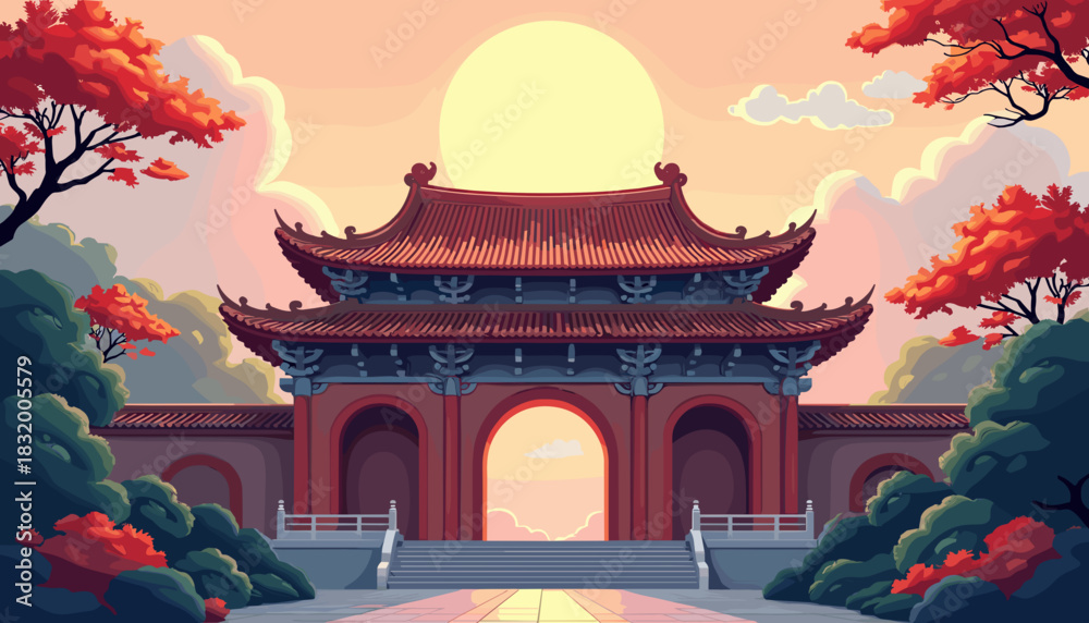 Fototapeta premium Chinese temple roof with sunset background and colorful foliage 