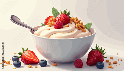 Yogurt with granola topped with berries in a white bowl  