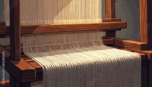 Loom with woven fabric in a wooden structure on a neutral background  