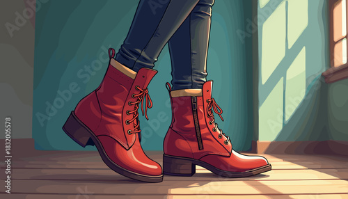 Red ankle boots side view on wooden floor with natural light  
