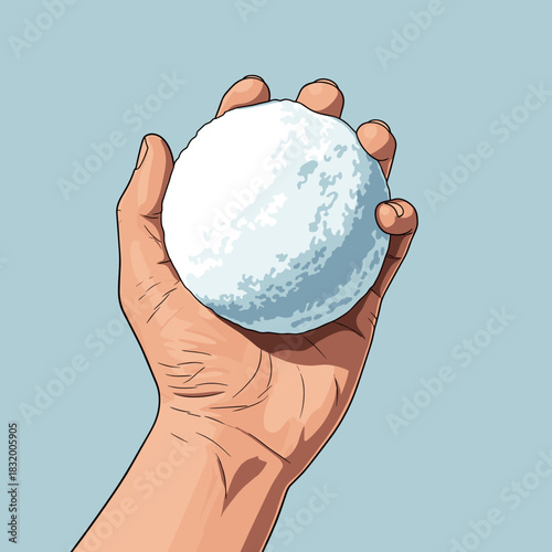 Hand holding a snowball in a playful gesture against blue background  