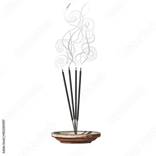 Incense sticks burning in a stone holder with swirling smoke  