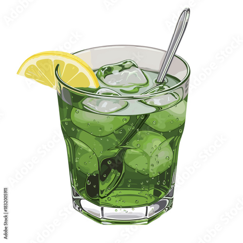 Cold green tea in a glass with lemon and ice cubes  