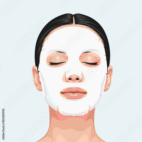 Woman with sheet mask relaxing with closed eyes on light background  