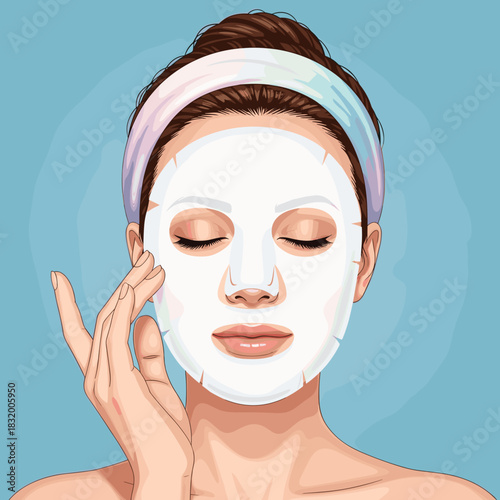 Woman applying sheet mask while relaxing at home with closed eyes  