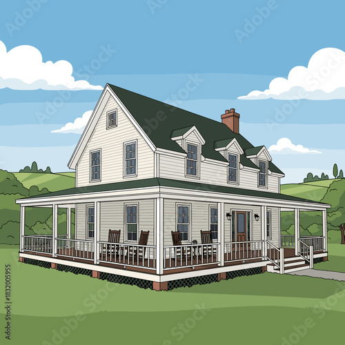 Farm house with porch in green landscape under blue sky  