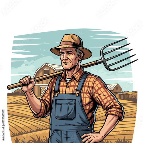 Farmer holding pitchfork and standing confidently on the farm  
