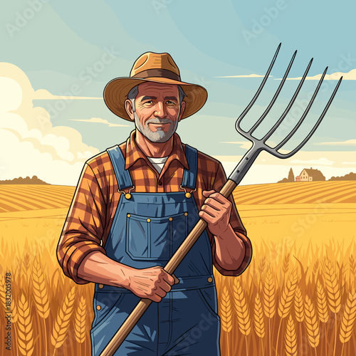 Elderly farmer holding pitchfork standing in golden wheat field  