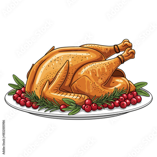 Roasted turkey with cranberry on platter surrounded by herbs  
