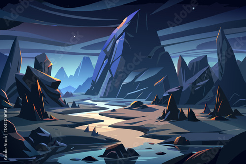 Dark silent valley filled with towering black rocks, sharp shadows, cold air, and a deep unsettling stillness spreading across the rugged nighttime landscape