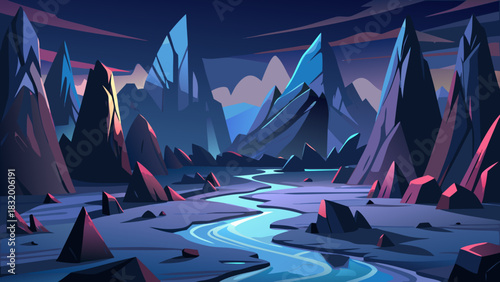 Dark silent valley filled with towering black rocks, sharp shadows, cold air, and a deep unsettling stillness spreading across the rugged nighttime landscape