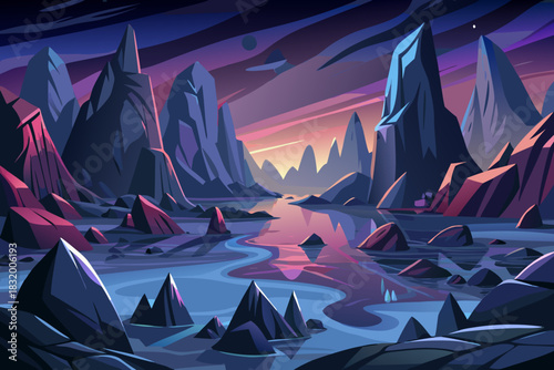 Dark silent valley filled with towering black rocks, sharp shadows, cold air, and a deep unsettling stillness spreading across the rugged nighttime landscape