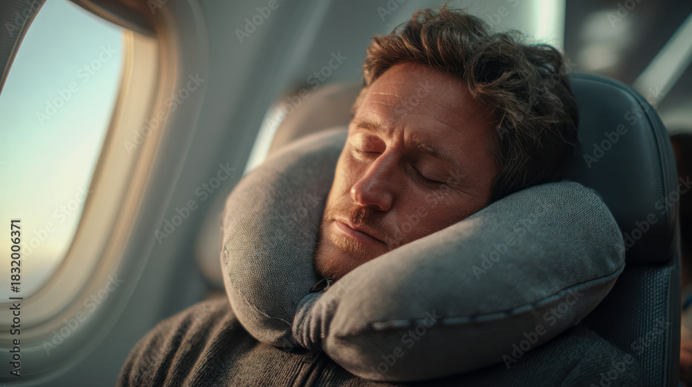Fototapeta premium Man sleeping comfortably on airplane with neck pillow