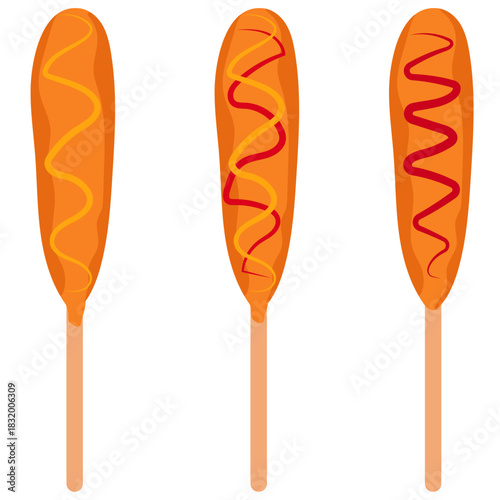 corndogs, different toppings ketchup and mustard.