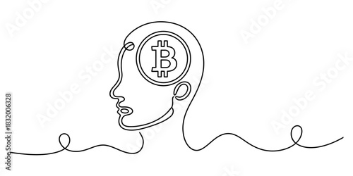 Continuous line art drawing of a human head profile with a bitcoin symbol inside, representing cryptocurrency thoughts and financial ideas Vector, illustration