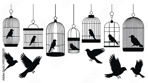 Bird cages silhouettes vector illustration freedom concept