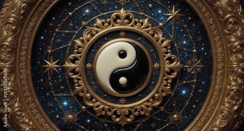 Fototapeta premium intricate golden frame encircles a yin and yang symbol against a dark blue starlit cosmic background.