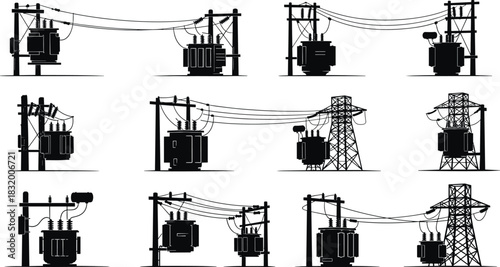 Vector illustration of electrical transformer installations on poles and towers—power distribution reference for engineering, planning, infrastructure, education, and energy systems