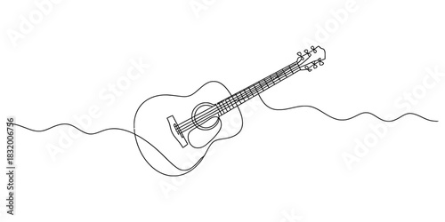 Continuous line art drawing of an acoustic guitar, a harmonious symbol of music, creativity, and artistic expression, on white background. Vector, illustration
