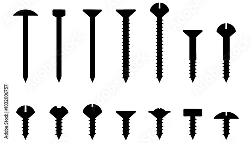Set of Black Silhouette Icons Featuring Various Types of Nails, Screws, and Fasteners, Including Wood Screws, Flat Head, Round Head, and Tacks for Construction and DIY Concepts.