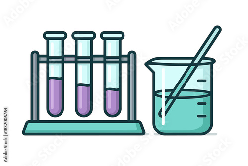 Laboratory setup featuring test tubes with purple liquid and a beaker with blue substance during a scientific experiment
