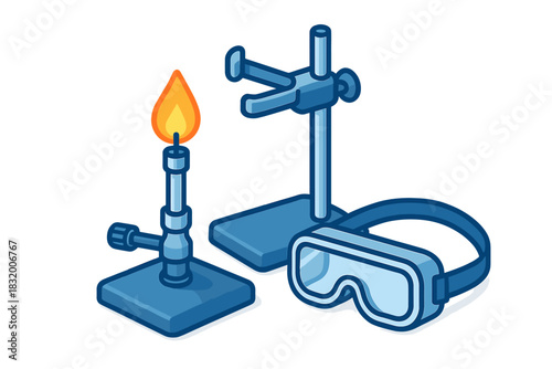 Science lab equipment includes a Bunsen burner, stand, and safety goggles for classroom experiments