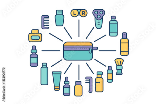 Collection of grooming and personal care products arranged around a stylish pouch for daily routines and travel essentials