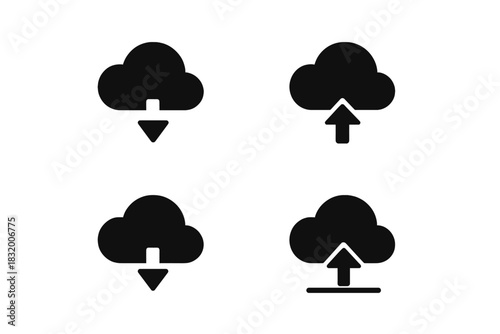 Collection of simple cloud icons representing upload and download actions in black