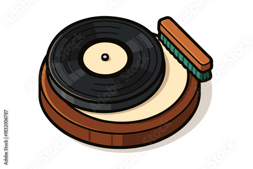 Vintage turntable with vinyl record in a classic design standing on a wooden base and a cleaning brush