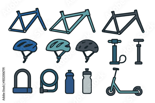 Bicycle components and accessories for cycling enthusiasts in a colorful design layout