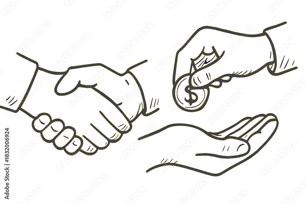 Fototapeta premium Hands exchanging money and shaking hands signify agreement and transaction in a business setting