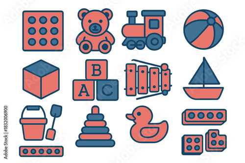 Colorful and playful toy collection featuring a bear, train, ball, and more for children's imaginative playtime activities