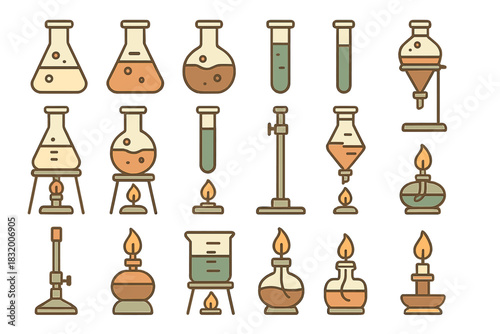 Scientific laboratory equipment arranged in various styles, showcasing flasks, test tubes, and candle flames during an experiment