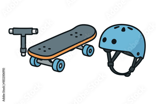 Skateboard with helmet and tool set for safe riding and maintenance at the skate park in the afternoon light