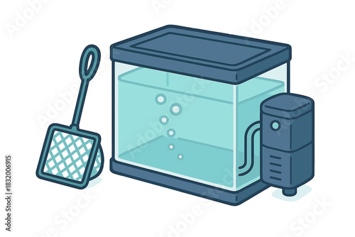Fish tank with filter and net placed on a clean surface in a well-lit room during afternoon